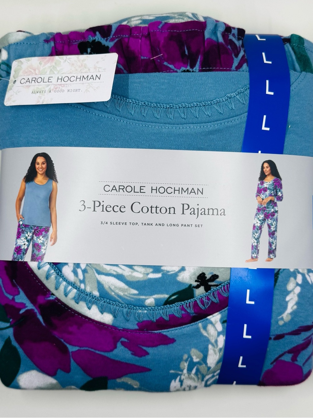 Midnight by Carole Hochman Blue and Purple Floral 3-Piece Cotton Pajama Set